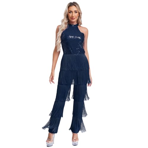Jugaoge Damen Latein Body Neckholder Jumpsuit Overall Pailletten Top und Lange Hose mit Fransen Einteiler Tanzbekleidung für Cha Cha Samba Salsa Navy blau M von Jugaoge