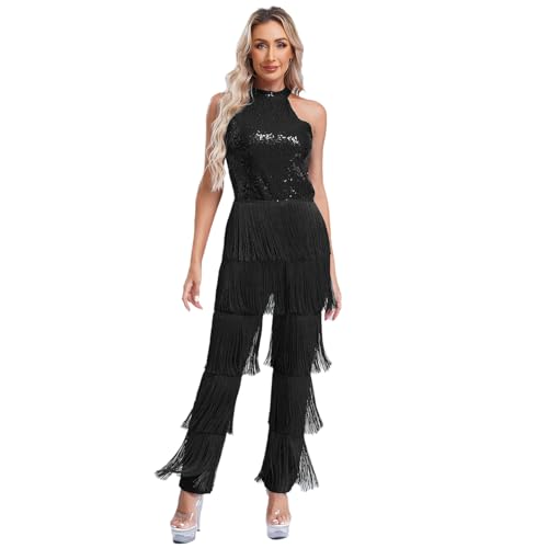 Jugaoge Damen Latein Body Neckholder Jumpsuit Overall Pailletten Top und Lange Hose mit Fransen Einteiler Tanzbekleidung für Cha Cha Samba Salsa Schwarz XXL von Jugaoge