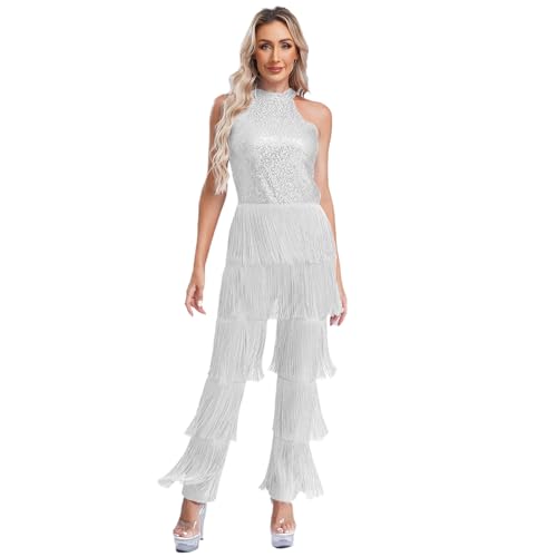 Jugaoge Damen Latein Body Neckholder Jumpsuit Overall Pailletten Top und Lange Hose mit Fransen Einteiler Tanzbekleidung für Cha Cha Samba Salsa Silber M von Jugaoge