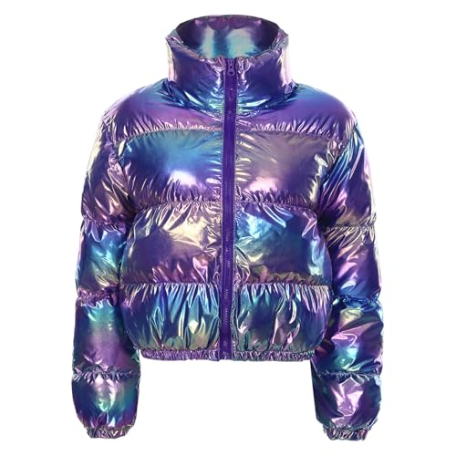 Jugaoge Damen Metallic Steppjacke Puffer-Jacke mit Reisverschluss Winter Stehkragen Übergangsjacke Outdoor Trekking Oberbekleidung Outerwear Jacket Blau XL von Jugaoge