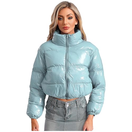 Jugaoge Damen Metallic Steppjacke Puffer-Jacke mit Reisverschluss Winter Stehkragen Übergangsjacke Outdoor Trekking Oberbekleidung Outerwear Jacket Grau M von Jugaoge