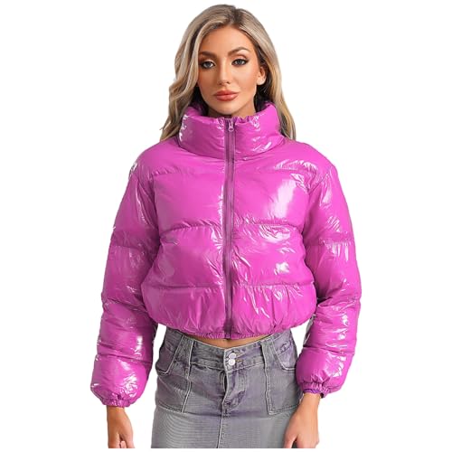 Jugaoge Damen Metallic Steppjacke Puffer-Jacke mit Reisverschluss Winter Stehkragen Übergangsjacke Outdoor Trekking Oberbekleidung Outerwear Jacket Hot Pink XXL von Jugaoge
