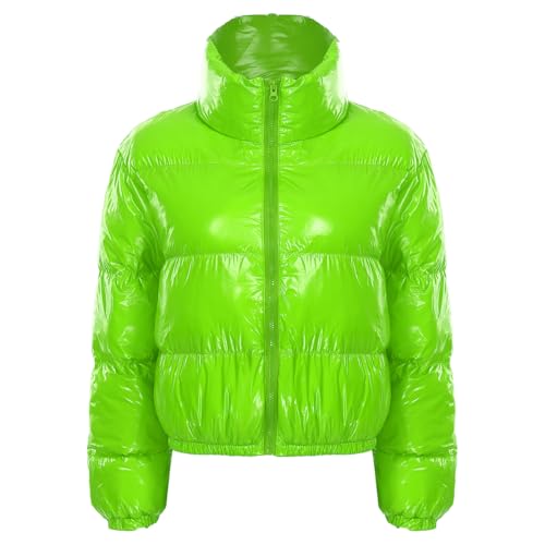 Jugaoge Damen Metallic Steppjacke Puffer-Jacke mit Reisverschluss Winter Stehkragen Übergangsjacke Outdoor Trekking Oberbekleidung Outerwear Jacket Leuchtendes Grün XXL von Jugaoge