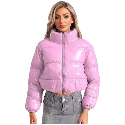 Jugaoge Damen Metallic Steppjacke Puffer-Jacke mit Reisverschluss Winter Stehkragen Übergangsjacke Outdoor Trekking Oberbekleidung Outerwear Jacket Rosa XL von Jugaoge