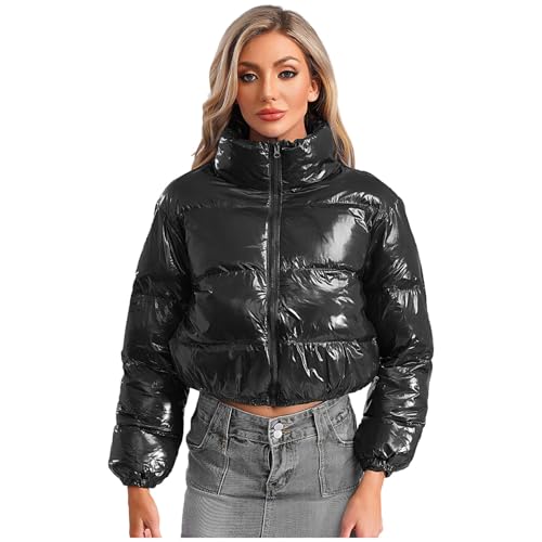 Jugaoge Damen Metallic Steppjacke Puffer-Jacke mit Reisverschluss Winter Stehkragen Übergangsjacke Outdoor Trekking Oberbekleidung Outerwear Jacket Schwarz S von Jugaoge
