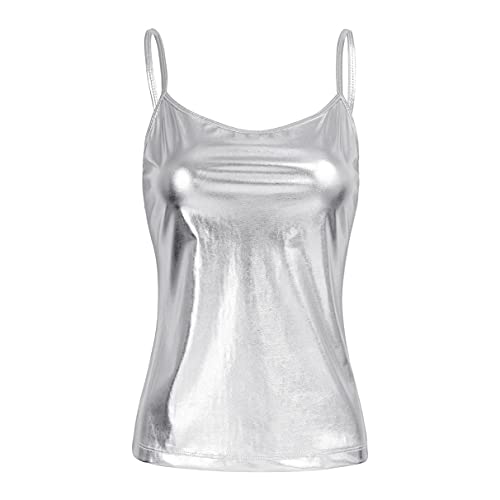 Jugaoge Damen Metallic Trägertop Slim Fit Stretch Unterhemd Sommer Ärmellos Cami Shirts mit Glitzer Party Clubwear Silber M von Jugaoge