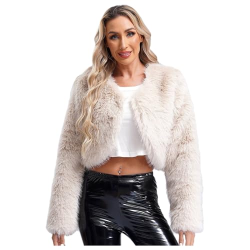 Jugaoge Damen Modische Kunstpelz Bolero Kurze Langarm Cropped Top Flauschige Jacke Open Front Komplett Gefüttert Kurze Strickjacke Cardigen Outerwear Beige XL von Jugaoge