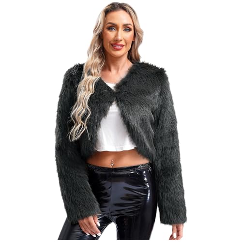 Jugaoge Damen Modische Kunstpelz Bolero Kurze Langarm Cropped Top Flauschige Jacke Open Front Komplett Gefüttert Kurze Strickjacke Cardigen Outerwear Kohlengrau L von Jugaoge