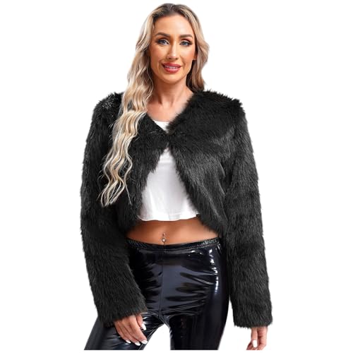 Jugaoge Damen Modische Kunstpelz Bolero Kurze Langarm Cropped Top Flauschige Jacke Open Front Komplett Gefüttert Kurze Strickjacke Cardigen Outerwear Schwarz XL von Jugaoge