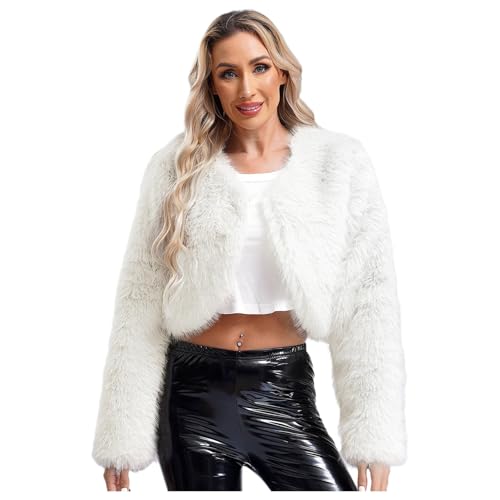 Jugaoge Damen Modische Kunstpelz Bolero Kurze Langarm Cropped Top Flauschige Jacke Open Front Komplett Gefüttert Kurze Strickjacke Cardigen Outerwear Weiß L von Jugaoge