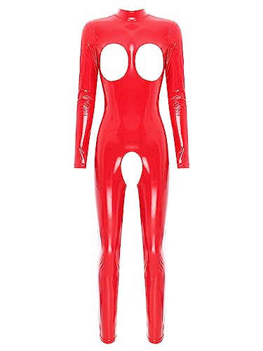 Jugaoge Damen Ouvert Body Wetlook Ganzkörper Bodysuit mit Aushöhlen Busenfrei Langarmshirt Stehkragen Top und Offener Schritt Lack Leder Hose Clubwear Rot 3XL von Jugaoge