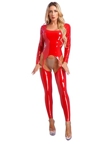Jugaoge Damen Ouvert Body Wetlook Ganzkörper Bodysuit mit Aushöhlen Busenfrei Langarmshirt Stehkragen Top und Offener Schritt Lack Leder Hose Clubwear Rot A 4XL von Jugaoge