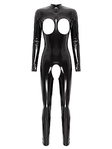 Jugaoge Damen Ouvert Body Wetlook Ganzkörper Bodysuit mit Aushöhlen Busenfrei Langarmshirt Stehkragen Top und Offener Schritt Lack Leder Hose Clubwear Schwarz 3XL von Jugaoge