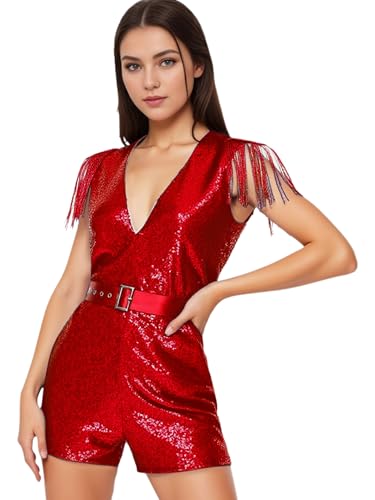 Jugaoge Damen Pailletten Jumpsuit Ärmellos V-Ausschnitt Overall Kurze Hose Einteiler Romper Playsuit mit Fransen für Cocktail Party Abschlussball Outfits Rot XL von Jugaoge