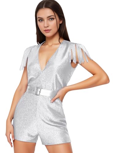 Jugaoge Damen Pailletten Jumpsuit Ärmellos V-Ausschnitt Overall Kurze Hose Einteiler Romper Playsuit mit Fransen für Cocktail Party Abschlussball Outfits Silber M von Jugaoge