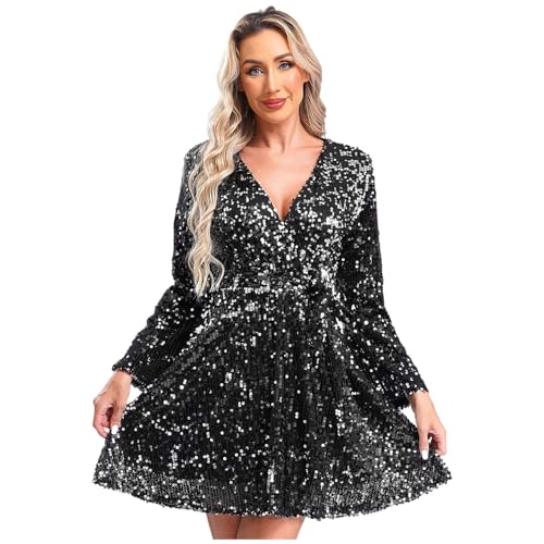 Jugaoge Damen Pailletten Kleider Langarm Wickelkleider mit Bindengürtel Bling Bling Abendkleider Cocktailkleider Disco Tanz Outfits Schwarz S von Jugaoge