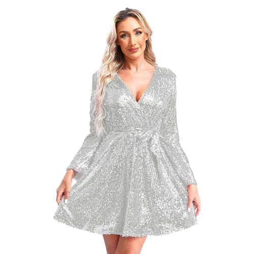 Jugaoge Damen Pailletten Kleider Langarm Wickelkleider mit Bindengürtel Bling Bling Abendkleider Cocktailkleider Disco Tanz Outfits Silber XXL von Jugaoge
