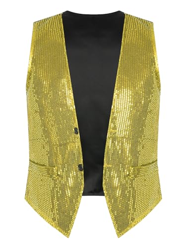 Jugaoge Damen Pailletten Weste Ärmellos V-Ausschnitt Anzugweste Kurz Gilet mit Zwei Knöpfe Hochzeit Party Disco Tanz Outfits Gold A L von Jugaoge