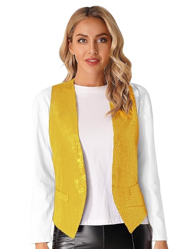 Jugaoge Damen Pailletten Weste Ärmellos V-Ausschnitt Anzugweste Kurz Gilet mit Zwei Knöpfe Hochzeit Party Disco Tanz Outfits Gold XL von Jugaoge