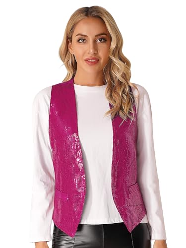 Jugaoge Damen Pailletten Weste Ärmellos V-Ausschnitt Anzugweste Kurz Gilet mit Zwei Knöpfe Hochzeit Party Disco Tanz Outfits Hot Pink 3XL von Jugaoge