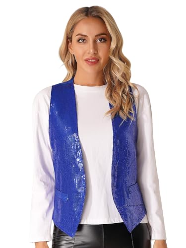 Jugaoge Damen Pailletten Weste Ärmellos V-Ausschnitt Anzugweste Kurz Gilet mit Zwei Knöpfe Hochzeit Party Disco Tanz Outfits Königsblau L von Jugaoge