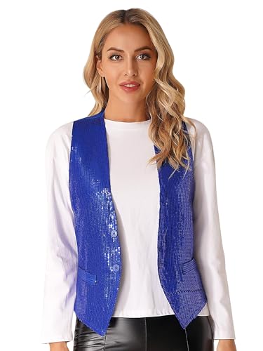 Jugaoge Damen Pailletten Weste Ärmellos V-Ausschnitt Anzugweste Kurz Gilet mit Zwei Knöpfe Hochzeit Party Disco Tanz Outfits Königsblau XXL von Jugaoge