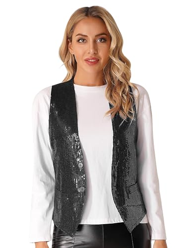 Jugaoge Damen Pailletten Weste Ärmellos V-Ausschnitt Anzugweste Kurz Gilet mit Zwei Knöpfe Hochzeit Party Disco Tanz Outfits Schwarz L von Jugaoge