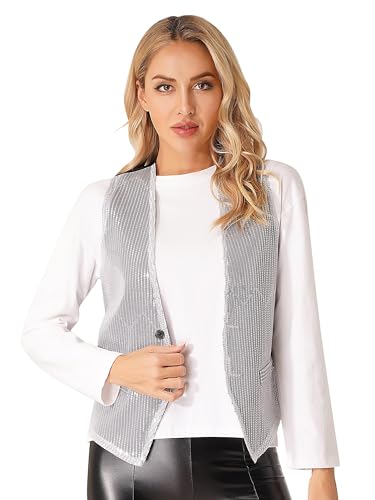 Jugaoge Damen Pailletten Weste Ärmellos V-Ausschnitt Anzugweste Kurz Gilet mit Zwei Knöpfe Hochzeit Party Disco Tanz Outfits Silber 4XL von Jugaoge