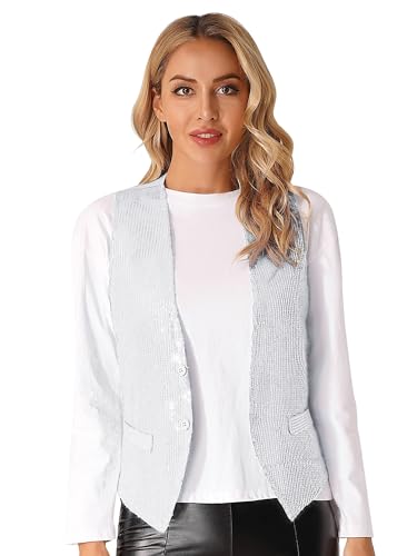 Jugaoge Damen Pailletten Weste Ärmellos V-Ausschnitt Anzugweste Kurz Gilet mit Zwei Knöpfe Hochzeit Party Disco Tanz Outfits Weiß 3XL von Jugaoge