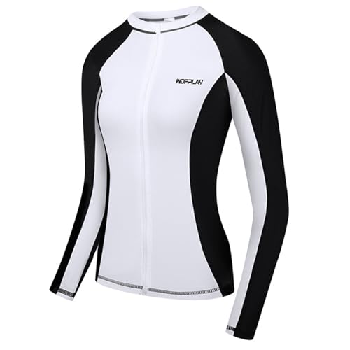 Jugaoge Damen Rash Guard T-Shirt Langarm Schwimmen Tops mit Zipper Slim Fit Stretch Surfshirt Running Wandern Outdoor Oberteil gr. S-XL Weiß Schwarz B S von Jugaoge