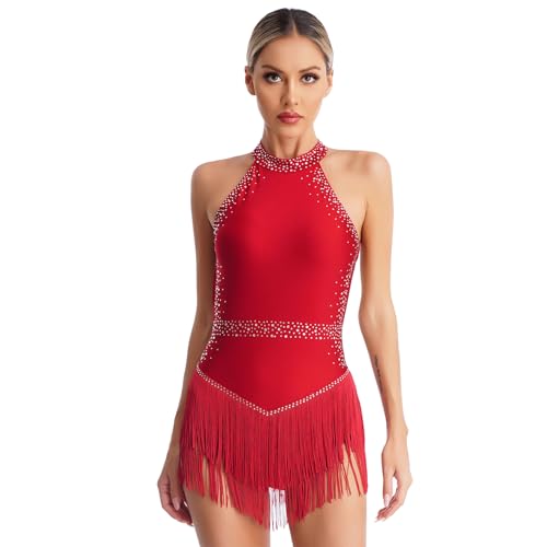 Jugaoge Damen Strass Latein Tanz Body Neckholder Rückenfrei Leotard mit Fransen Rock Salsa Cha-cha Rumba Outfits Eiskunstlauf Kostüm Burgundy S von Jugaoge