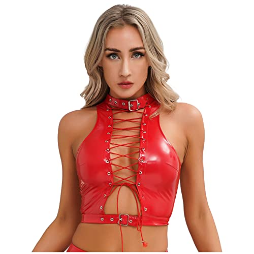 Jugaoge Damen Wetlook Crop Top Ärmellos Lack Leder BH Hemd Schnürung Korsett Cross Over Corsage Cool und Sexy Oberteil Clubwear Rot 3XL Jugaoge Damen Wetlook Crop Top Ärmellos Lack Leder BH Hemd Schnürung Korsett Cross Over Corsage Cool und Sexy Oberteil Clubwear Rot 3XL von Jugaoge