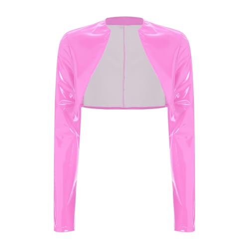 Jugaoge Damen Wetlook Cropped Jacke Vorne Offene Cardigen Strickjacke Lack Leder Optik Loose Fit Schulterjacke Disco Party Top Gogo Raver Outfits Clubwear Rosa 4XL von Jugaoge