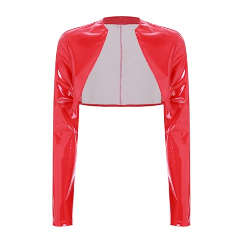 Jugaoge Damen Wetlook Cropped Jacke Vorne Offene Cardigen Strickjacke Lack Leder Optik Loose Fit Schulterjacke Disco Party Top Gogo Raver Outfits Clubwear Rot 3XL von Jugaoge