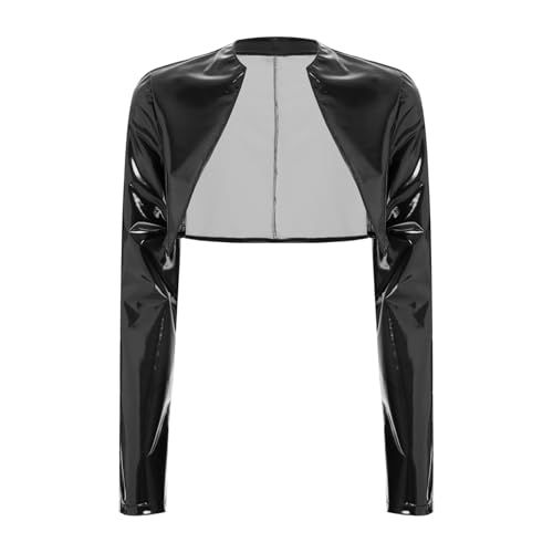 Jugaoge Damen Wetlook Cropped Jacke Vorne Offene Cardigen Strickjacke Lack Leder Optik Loose Fit Schulterjacke Disco Party Top Gogo Raver Outfits Clubwear Schwarz 3XL von Jugaoge