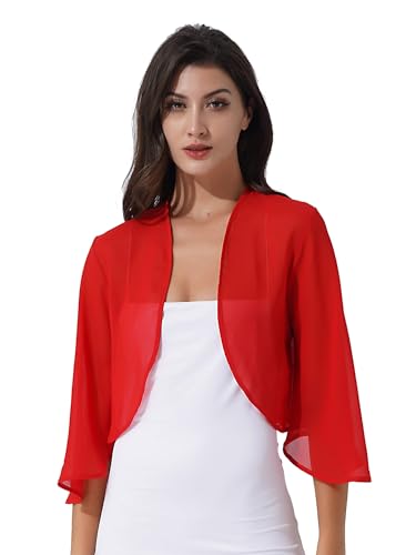 Jugaoge Eleganter Damen Bolero aus Chiffon Strickjacke 3/4 Ärmel Kurz Festlich Schulterjacke Cardigan Basic Einfarbig Jäckchen für Hochzeit Party Rot XXL von Jugaoge