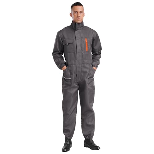 Jugaoge Herren Arbeitsoverall Einteiler Arbeitskleidung Baumwolle Overall Arbeitsanzug Schutzanzug Coverall mit Taschen Gürtel Grau XXL von Jugaoge