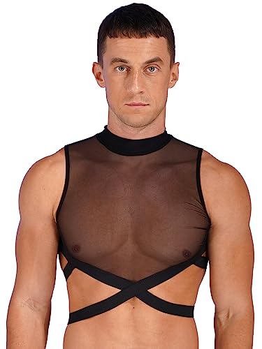 Jugaoge Herren Crop Top Stretch Harness Tanktop Sommer Ärmellose Atmungsaktive Oberteile Durchsichtig Nachtwäsche Erotische Dessous Clubwear Schwarz 3XL von Jugaoge