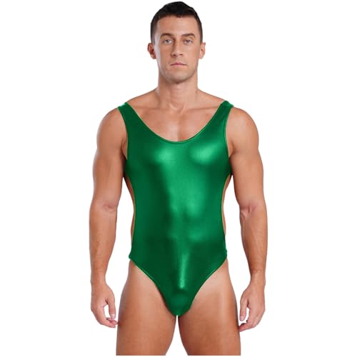 Jugaoge Herren Glänzend Body Ärmellos Bodysuit Lack Leder Optik Stringbody Einteilige Unterwäsche aus Crop Top und Push Up String Club Outfit Grün M von Jugaoge