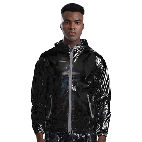 Jugaoge Herren Glänzend Kapuzenjacke mit Reisverschluss Lack Leder Optik Bomber Jacket Bomberjacke Motorrad Biker Kostüm Clubwear Schwarz L von Jugaoge