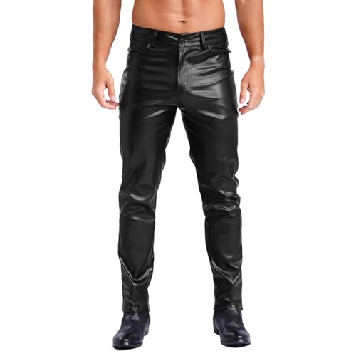 Jugaoge Herren Metallic Hose Slim Fit Anzughose Stretch Sakko Smoking Pants Gerades Bein Kunstleder Leggings Tights Party Clubwear Schwarz 5XL von Jugaoge