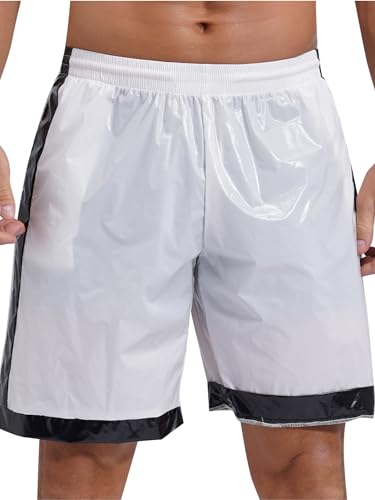 Jugaoge Herren Wetlook Badehose Badeshorts Loose Fit Sommershorts Farbblock Kurze Hose Elastische Taille Boxershorts Lack Leder Dessous Clubwear Elfenbein XL von Jugaoge