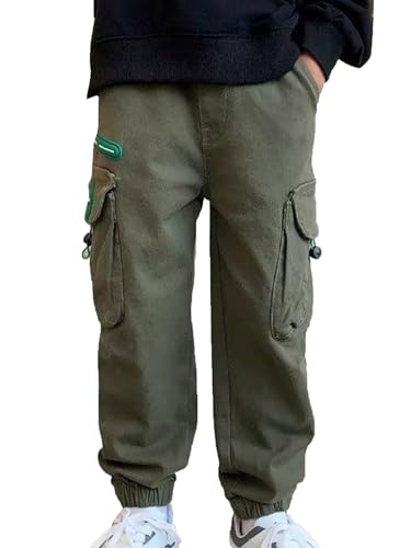 Jugaoge Jungen Lange Hose Chino Cargo Pants mit Taschen Elastische Taille Stoffhose Baggy Street Dance Hip Hop Outfits Army Green 122-128 von Jugaoge