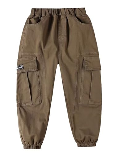Jugaoge Jungen Lange Hose Chino Cargo Pants mit Taschen Elastische Taille Stoffhose Baggy Street Dance Hip Hop Outfits Braun 152-158 von Jugaoge