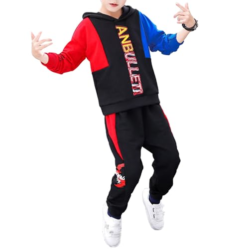 Jugaoge Jungen Trainingsanzug Farbblock Sportanzug Kapuzenpullover und Sweatpants Street Dance Hip Hop Kleidung Set Herbst Winter Outfits Rot 110-116 von Jugaoge