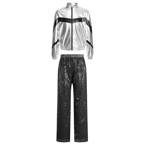 Jugaoge Kinder Hip Hop Kleidung Set Glänzend Jacke und Pailletten Hose für Mädchen Jungen Zweiteiler Streetdance DJ Disco Tanz Outfits Silber schwarz 158-164 von Jugaoge