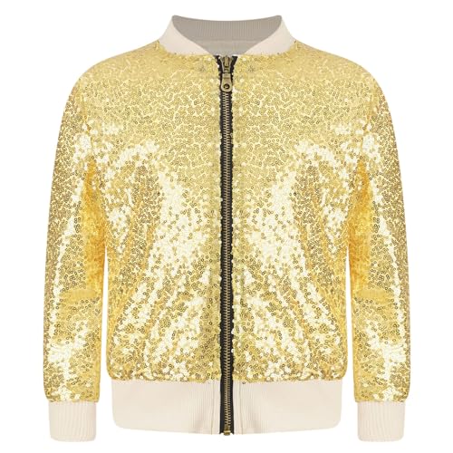 Jugaoge Kinder Mädchen Pailletten Jacke mit Reisverschluss Baseballjacke Collegejacke Old School Jacket Outerwear Hippie Disco Tanz Outfits Gold A 116-122 von Jugaoge