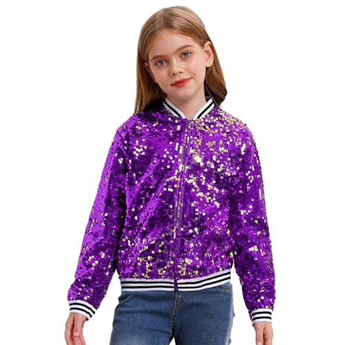 Jugaoge Kinder Mädchen Pailletten Jacke mit Reisverschluss Baseballjacke Collegejacke Old School Jacket Outerwear Hippie Disco Tanz Outfits Violett 158-164 von Jugaoge