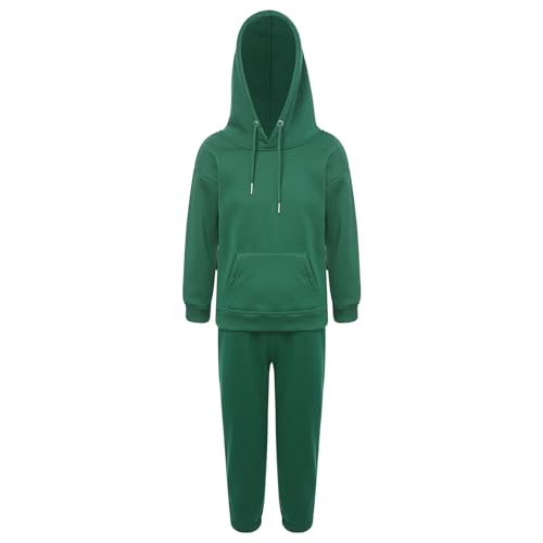 Jugaoge Kinder Sportanzug Basic Einfarbig Trainingsanzug Loose Fit Jogginganzug Kapuzenpullover Sweatshirt und Kordelzug Sporthose Jogginghose Tracksuit Dunkelgrün 128-134 von Jugaoge