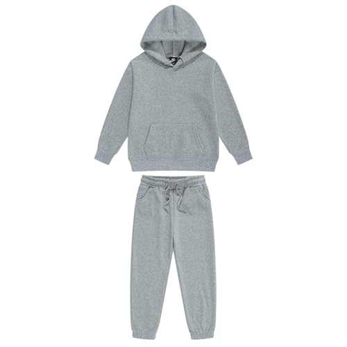 Jugaoge Kinder Sportanzug Basic Einfarbig Trainingsanzug Loose Fit Jogginganzug Kapuzenpullover Sweatshirt und Kordelzug Sporthose Jogginghose Tracksuit Grau 116-122 von Jugaoge